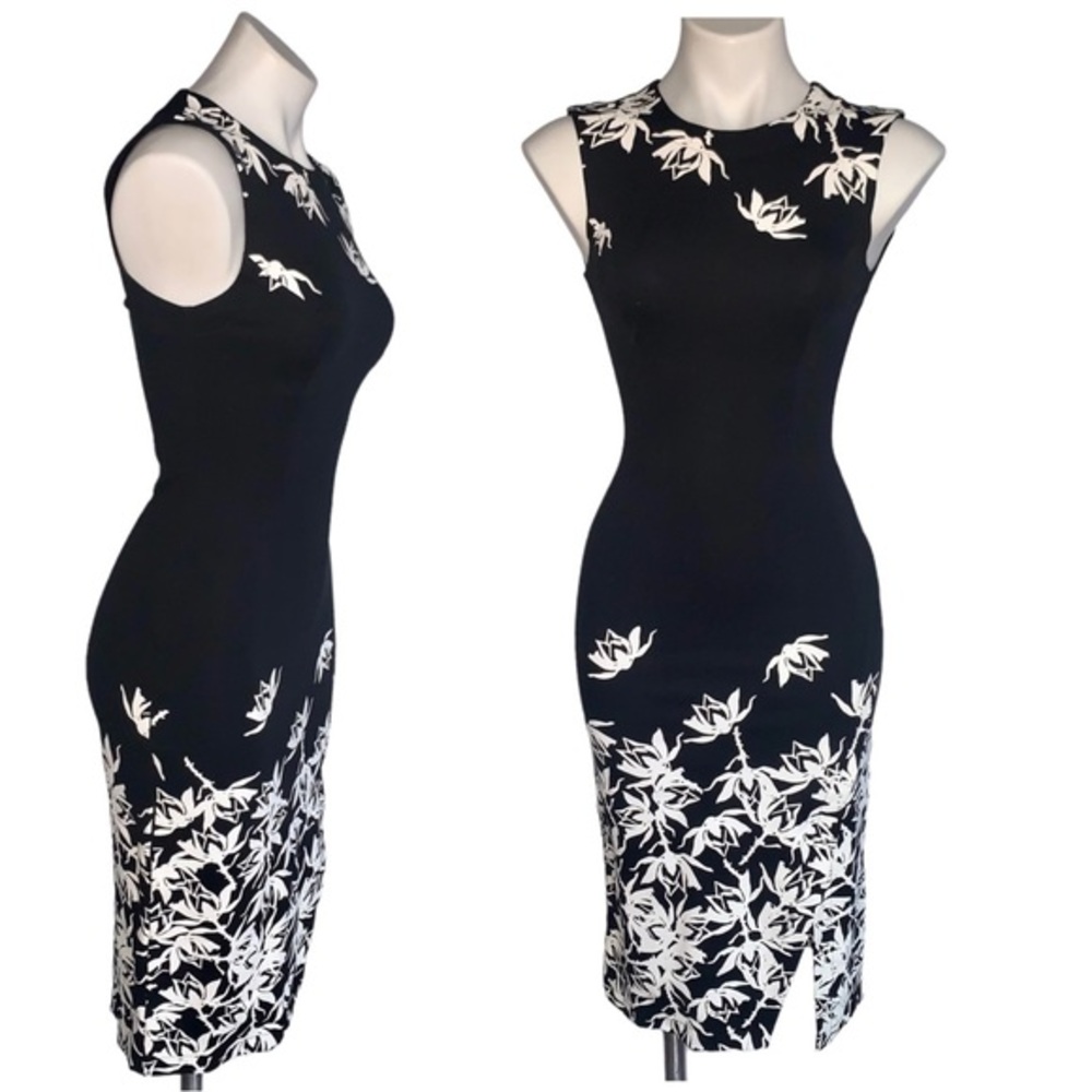 Yyigal Fitted Leaf Print Sheath Dress Side Slit NEW